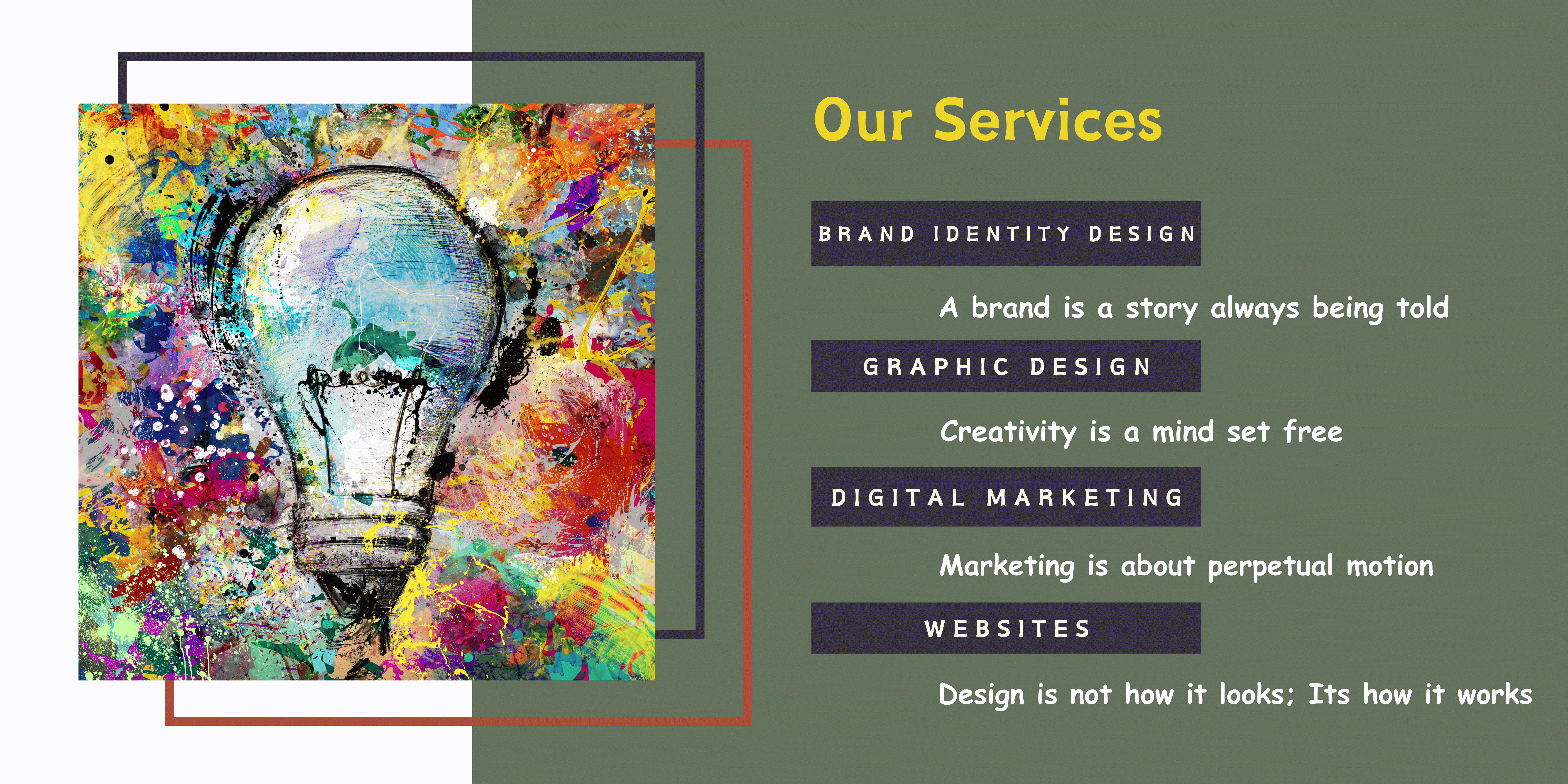 Overview of our services including Brand Identity Design, Graphic Design, Digital Marketing, and Web Design